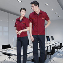 時(shí)尚藍(lán)灰色配桔色滌棉細(xì)紋短袖工作服FY604